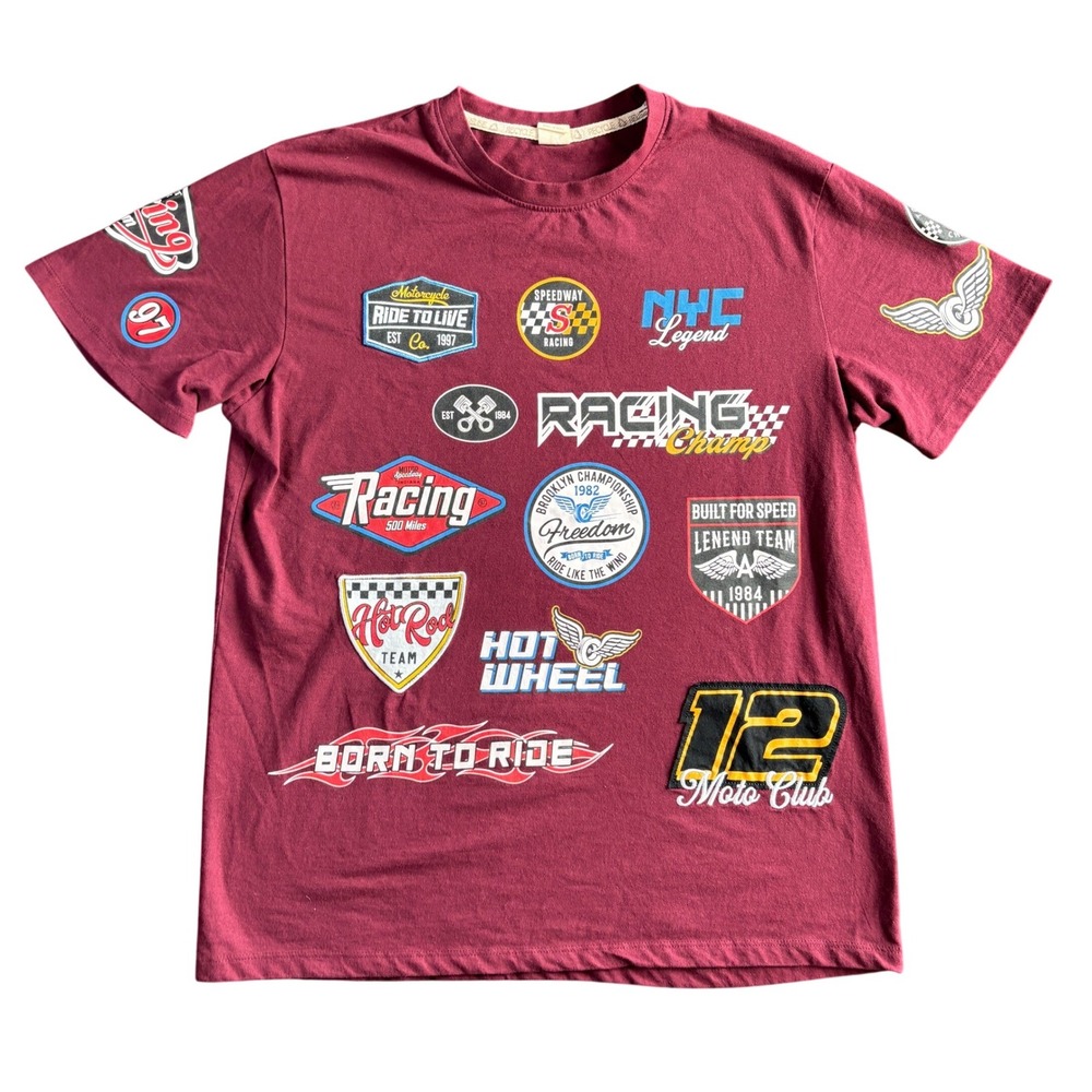 Recycled Threads Mens Racing Graphic T-Shirt Maroon Moto Patchwork Size L‎